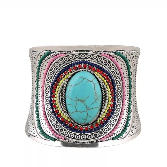 BOHO Silver Tone Turquoise Stone Cuff Bangle - Picture 5 of 5